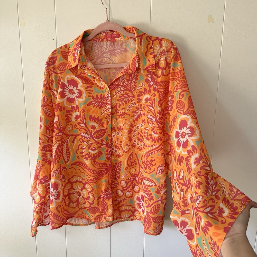 Flying Tomato I'll always Remember You Woven Oversized Top Pink/Orange Floral LG - Picture 3 of 12